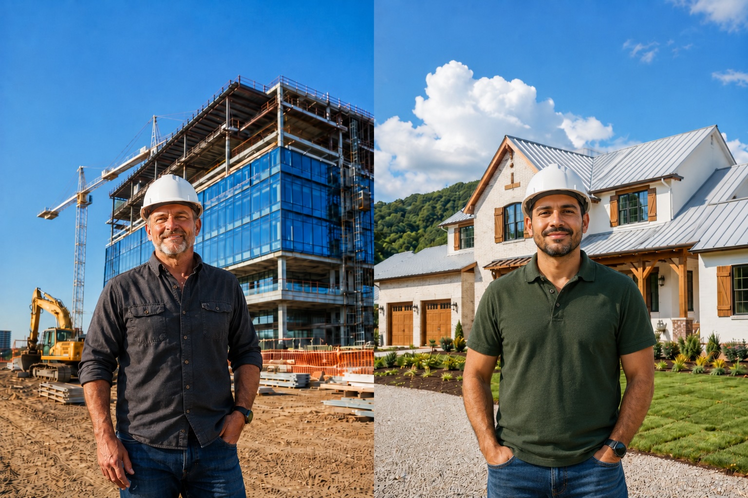 Left: a commercial contractor at a high-rise build. Right: a residential builder at a finished custom home.