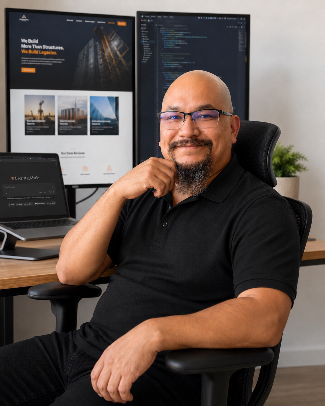 Mario Garza at his desk, building a construction company website