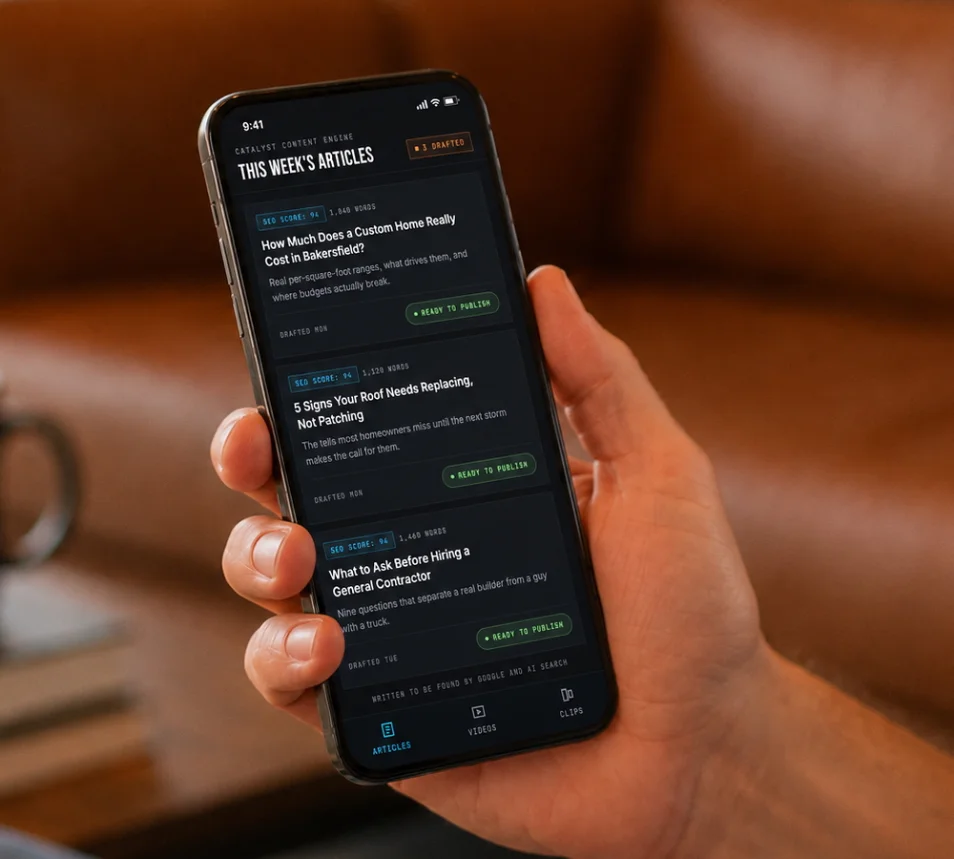 Blog composite — phone in hand showing the Articles screen (SEO score, Ready to Publish). 10:9.