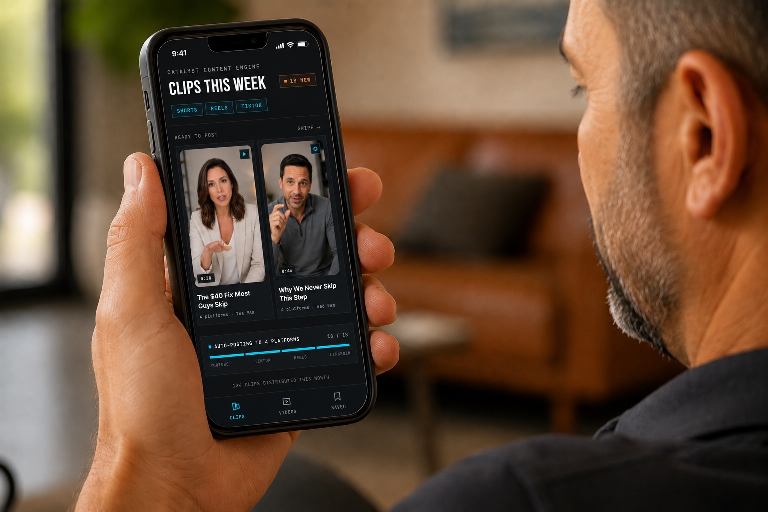 Clips composite — phone in hand showing the Clips screen