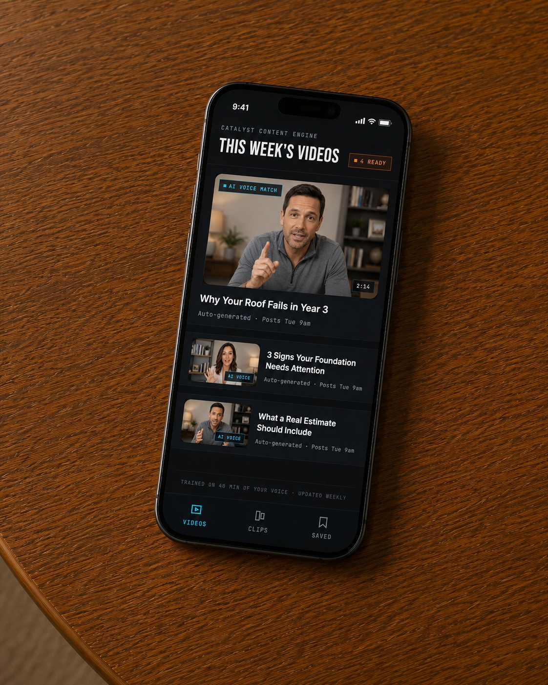 Videos composite — phone showing the Videos screen